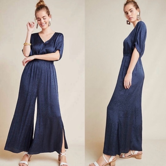 Maeve Pants - Maeve by Anthropologie Jacqueline Jacquard Leopard Jumpsuit Navy Blue Medium